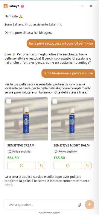 OrygoAI su Lakshmi che consiglia una crema per pelle secca e sensibile