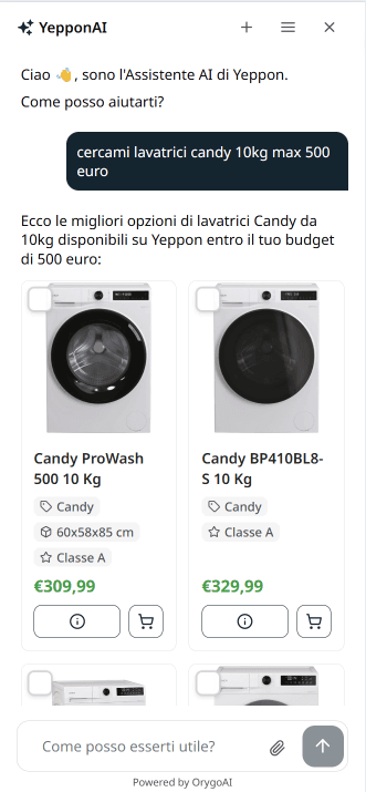 OrygoAI su Yeppon che trova lavatrici Candy entro il budget